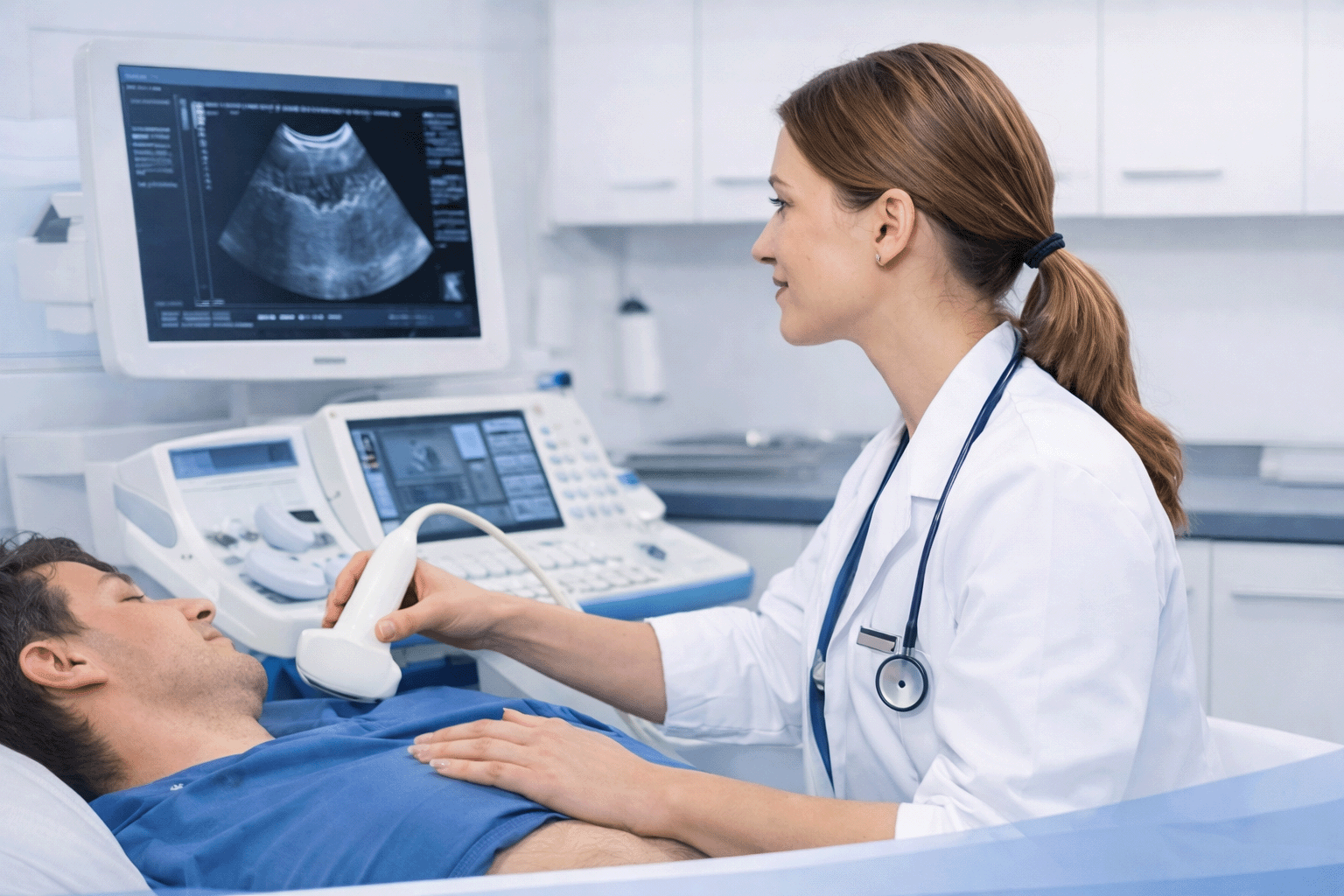Arts voert echografisch onderzoek uit